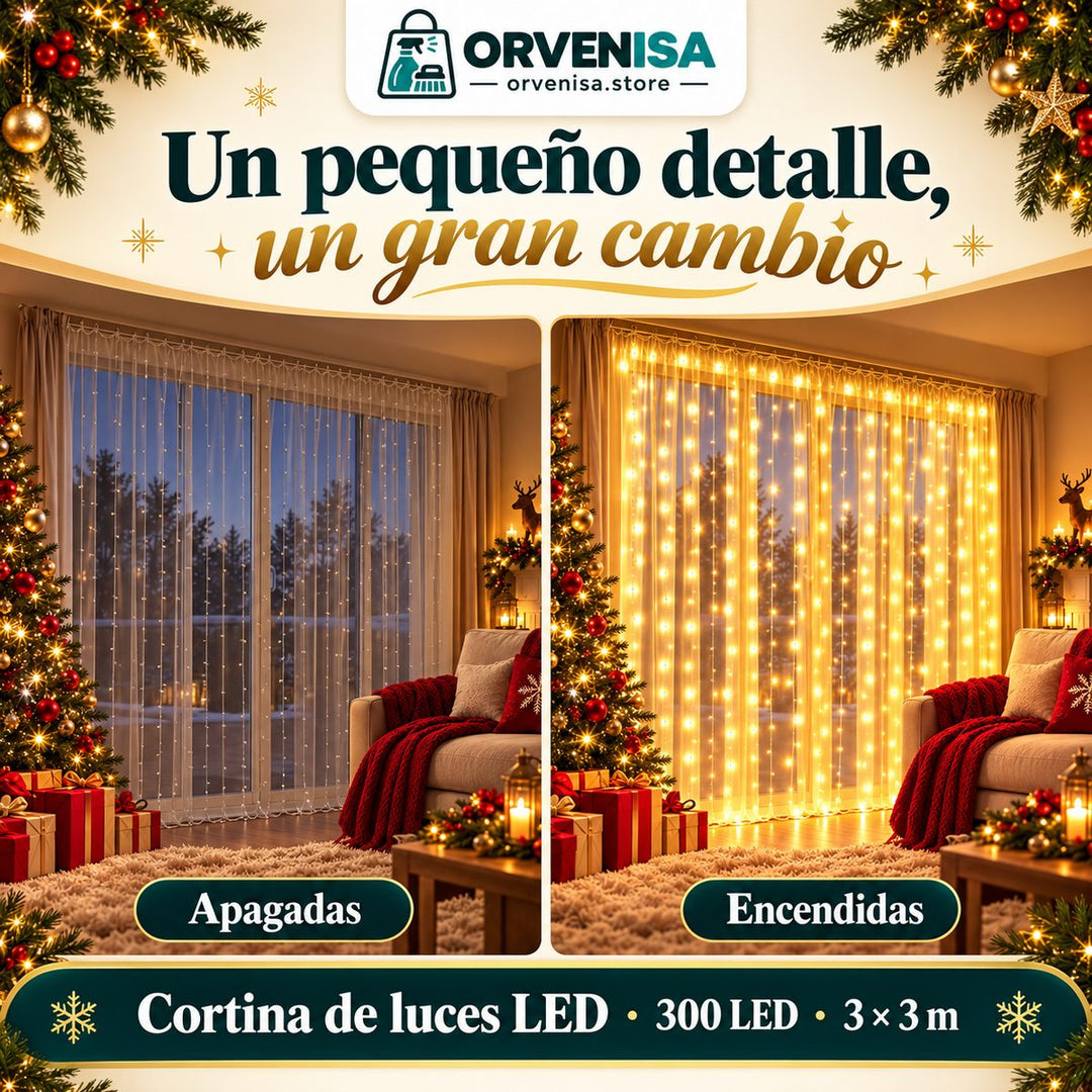 Salón con la cortina LED apagada y encendida