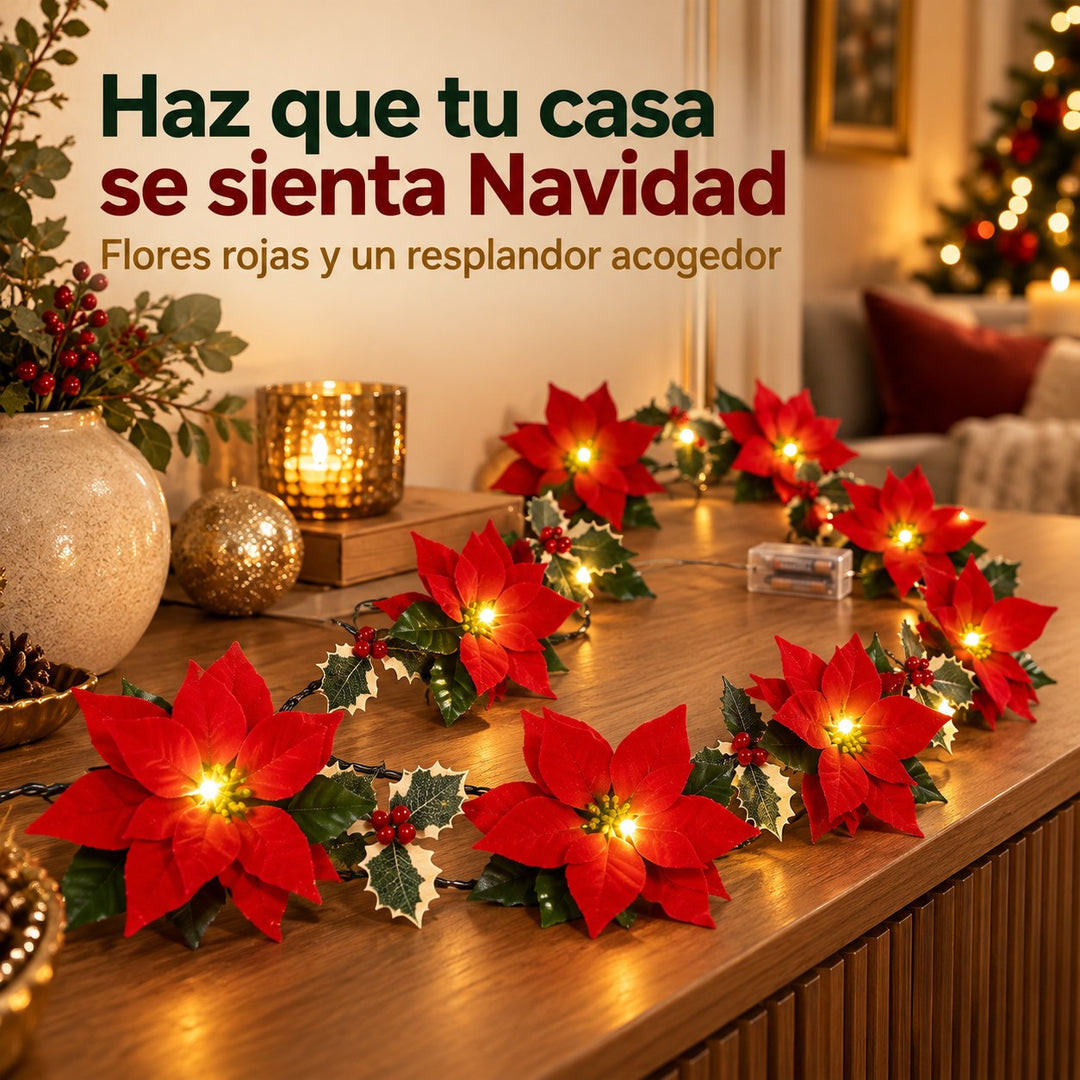 Guirnalda de flores rojas iluminada en el salón