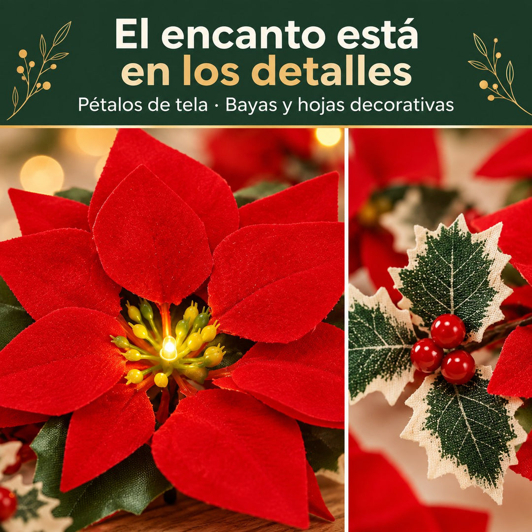 Pétalos de tela, bayas rojas y hojas de acebo