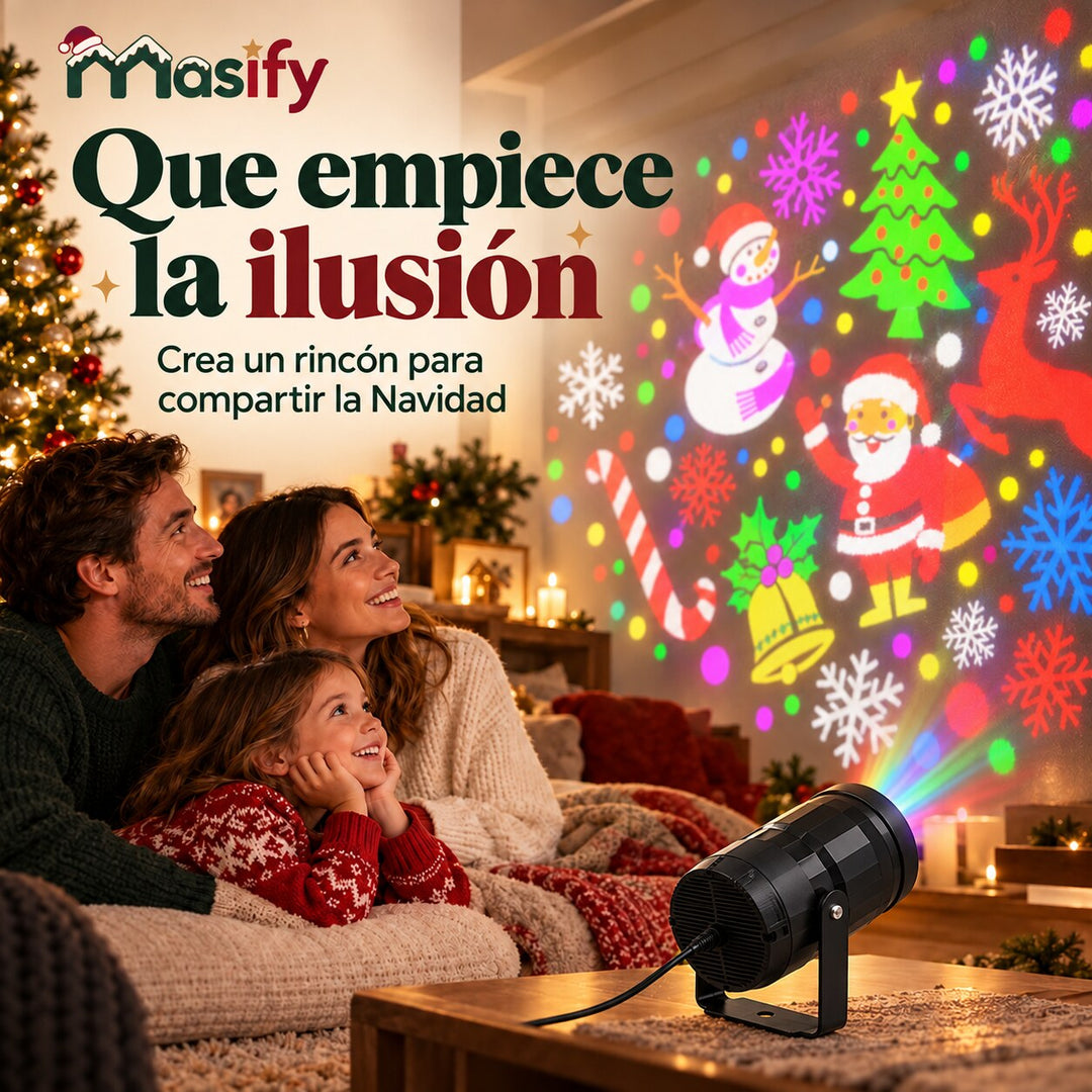 Familia mirando los motivos navideños proyectados