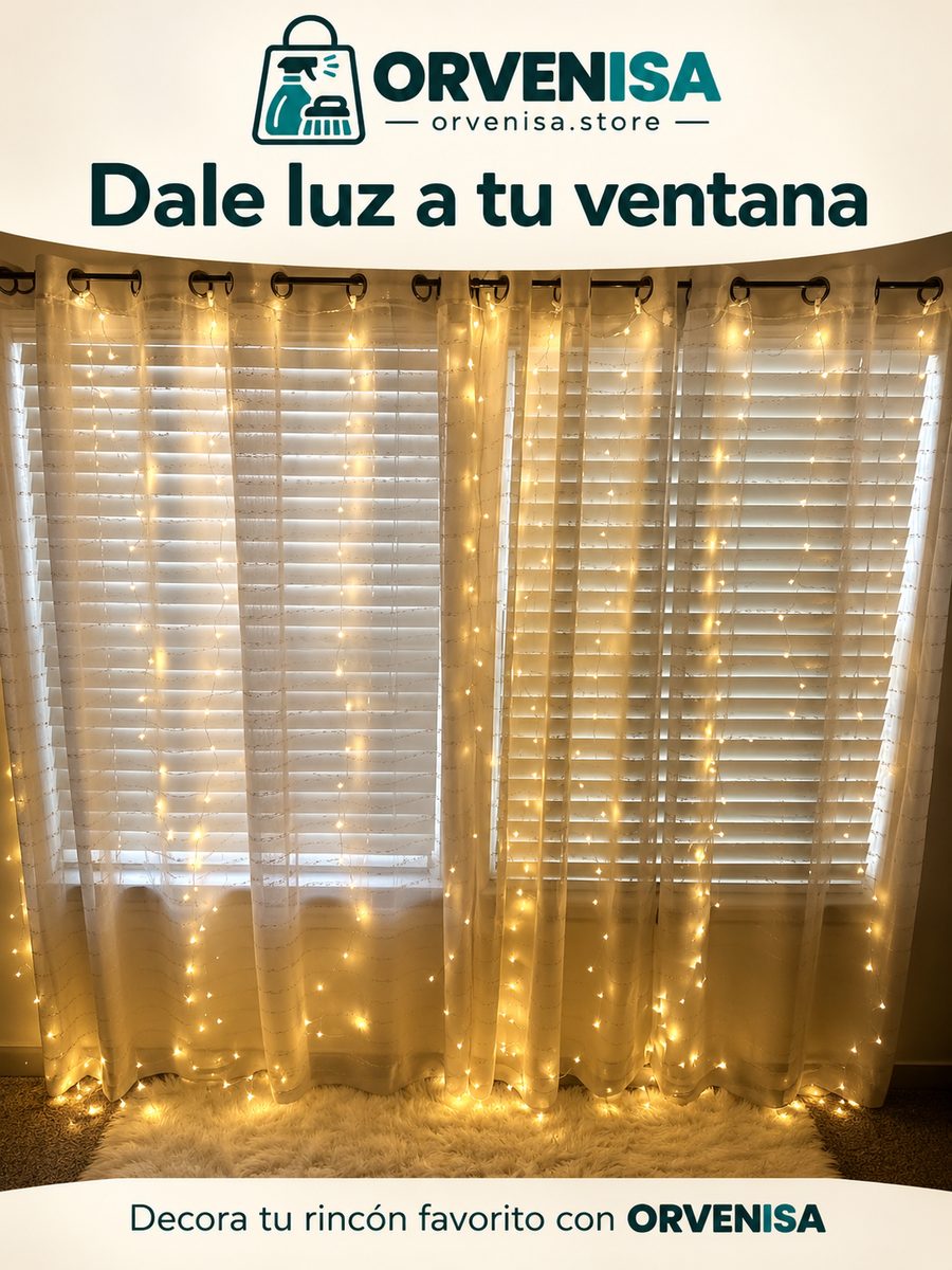 Cortina de luces LED colgada en una ventana