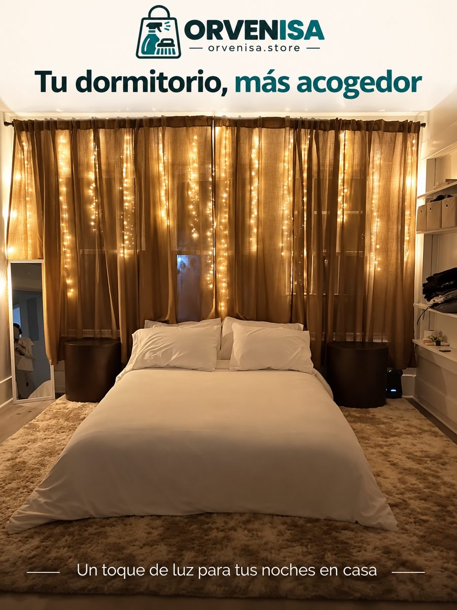 Cortina de luces LED en un dormitorio