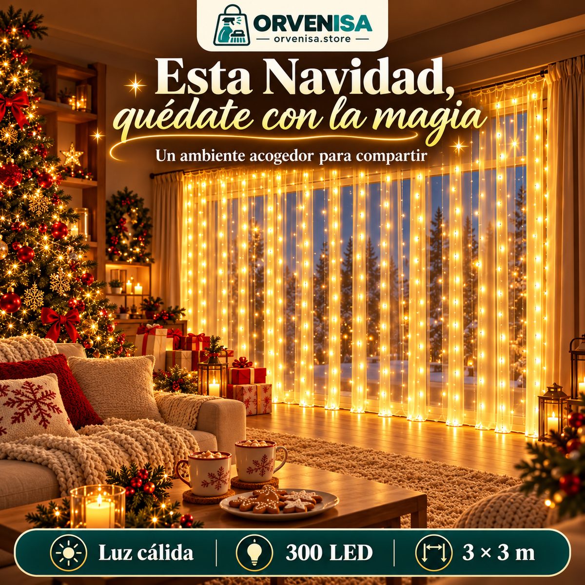 Cortina de luces LED cálida en un salón navideño