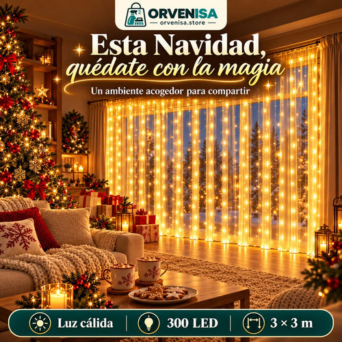 Cortina de luces LED cálida en un salón navideño
