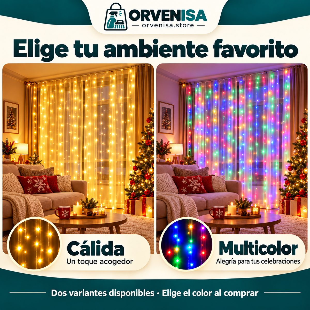 Cortina LED en luz cálida y multicolor
