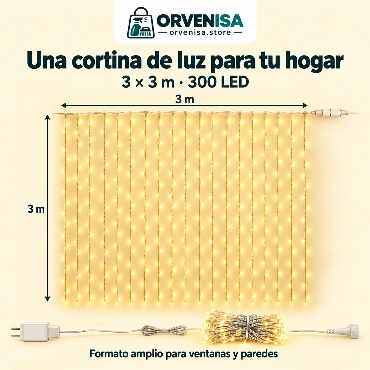 Medidas de la cortina LED: 3 × 3 m, 300 LED