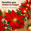 Detalle de flor de Pascua de tela con luz LED cálida