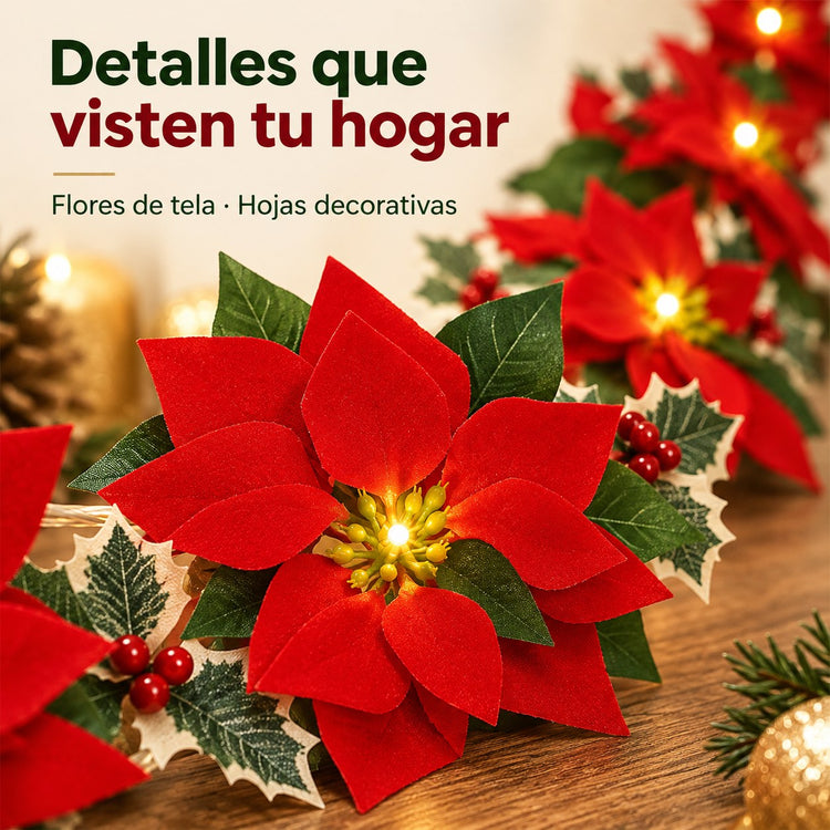 Detalle de flor de Pascua de tela con luz LED cálida