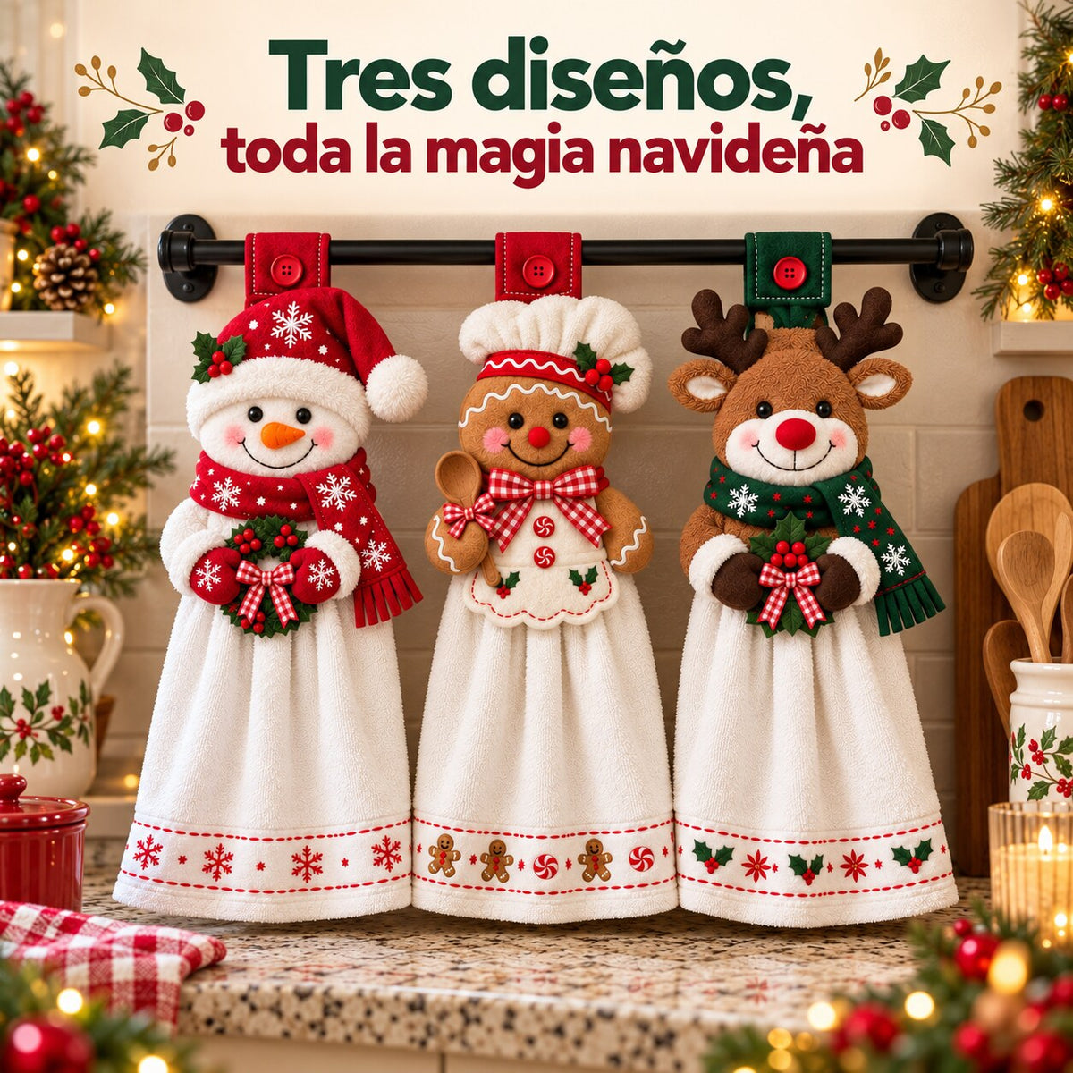 Tres diseños: muñeco de nieve, galleta de jengibre y reno