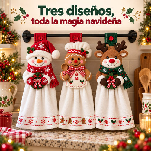 Tres diseños: muñeco de nieve, galleta de jengibre y reno